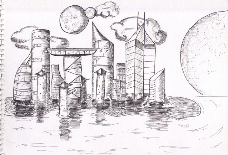 Город будущего нарисовать легко карандашом